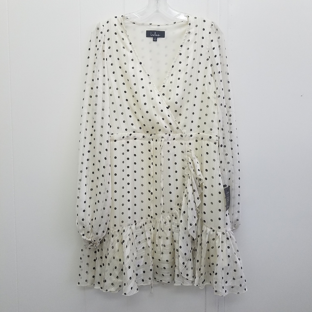 Lulus "Spotlight Moment" Ivory Polka Dot Long Sleeve Ruffled Mini Dress